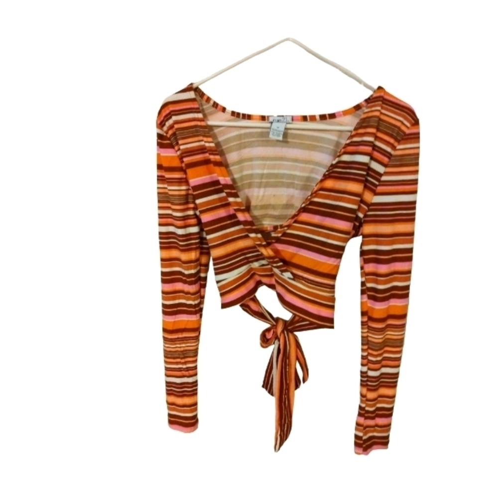 Rue 21 Barbiecore Vibrant Multicolored Long Sleeved Crop Top with Tie Back M